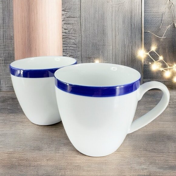 Crate & Barrel Belmont White Cobalt Blue Band Sri Lanka Porcelain Mugs Cups Set2 - Picture 1 of 14